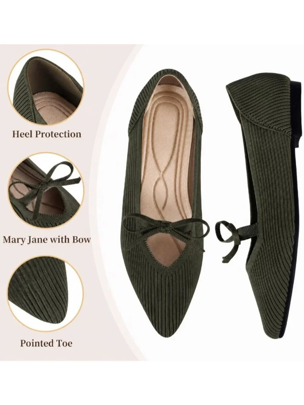 Women's Green Pointed Toe Knit Ballet Flats Comfortable Pull On Casual Shoes